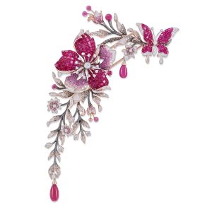 Orchid Diamond and Gemstones Brooch with Pink Gold