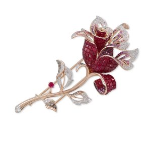 Rose Diamond and Ruby Brooch with Pink Gold