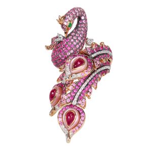 Peacock Diamond and Ruby Ring