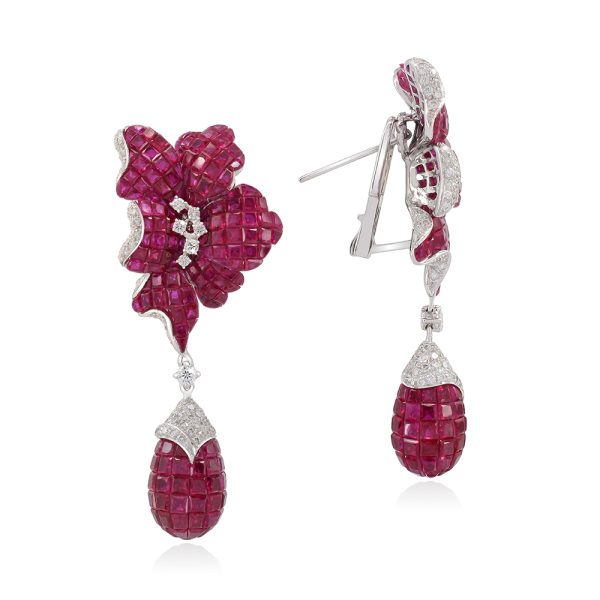 Flora Ruby with Diamond Drop Earrings