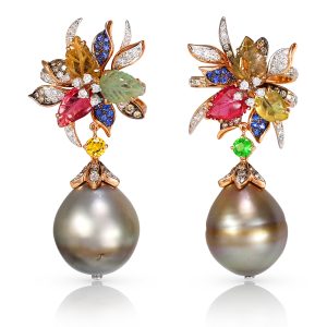 Diamond Multi Colour Sapphiers with Pearl Earrings